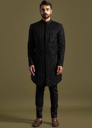 Black Mens Embroidered Indo Western Sherwani