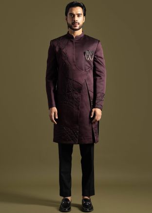 Wine Embroidered Overlapped Indo Western Sherwani