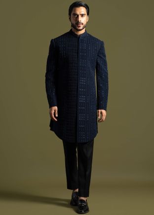 Blue Embroidered Mens Indo Western Sherwani