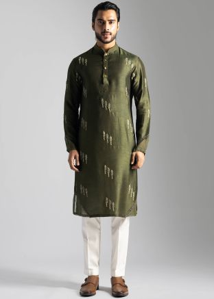 Green Embroidered Kurta Pajama For Men