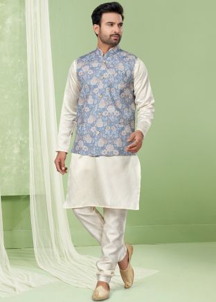 Cream Kurta Pajama & Blue Embroidered Nehru Jacket