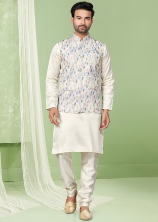 Mens Cream Kurta Pajama & Printed Nehru Jacket