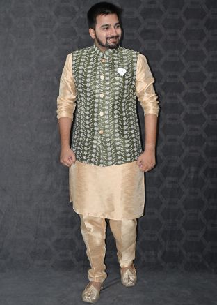 Golden Mens Kurta Pajama & Embroidered Nehru Jacket