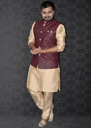 Golden Kurta Pajama & Maroon Embroidered Jacket