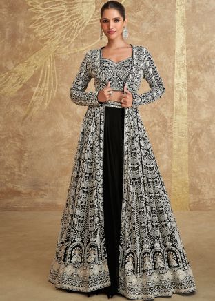 Readymade Black Embroidered Jacket Style Skirt Set