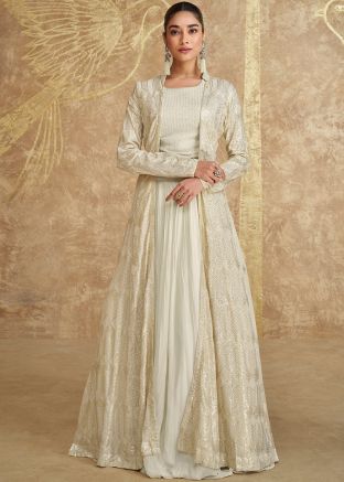 Readymade White Embroidered Jacket Style Skirt Set