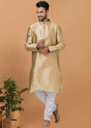Golden Woven Kurta Pajama In Silk