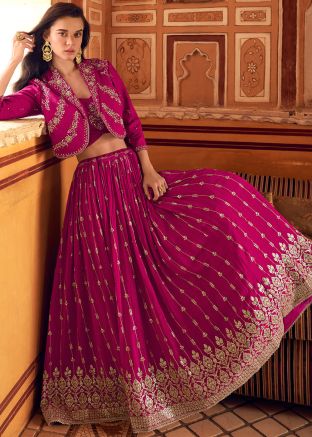 Pink Embroidered Jacket Style Skirt Set