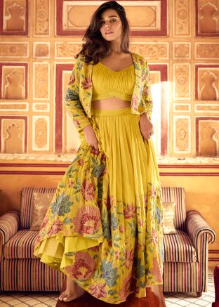Yellow Embroidered Chiffon Jacket Style Skirt Set