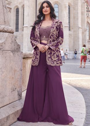 Purple Embroidered Top Bottom With Jacket