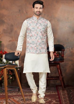 Cream Kurta Pajama & Floral Print Jacket