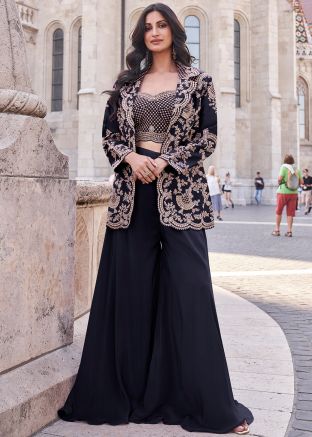 Navy Blue Embroidered Top Bottom With Jacket
