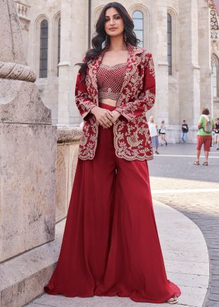 Red Readymade Embroidered Top Bottom With Jacket