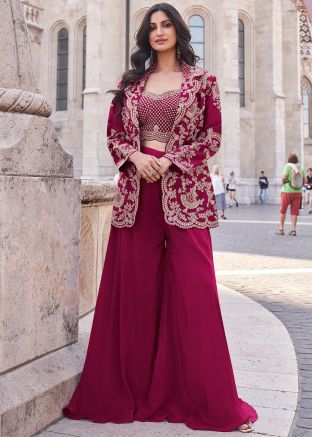 Pink Silk Embroidered Top Bottom With Jacket