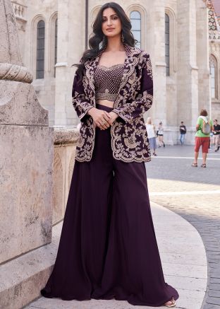 Purple Embroidered Silk Top Bottom With Jacket