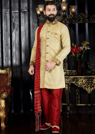 Readymade Golden Art Silk Sherwani with Stole