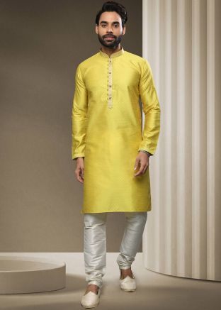 Yellow Woven Detailed Jacquard Kurta Pajama 