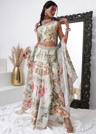 White Floral Print Skirt Set In Chiffon