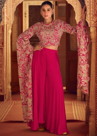 Pink Embroidered Top Bottom Set In Chiffon