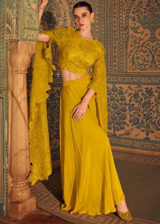 Yellow Embroidered Chiffon Top Bottom Set