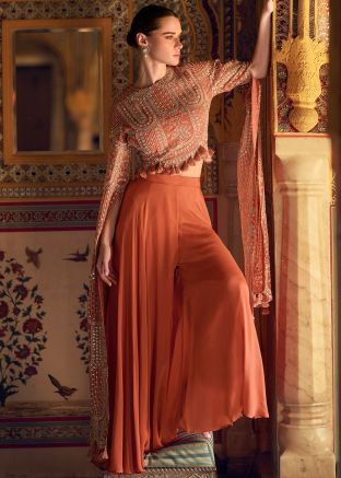 Orange Zari Embroidered Chiffon Top Bottom Set