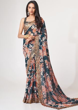 Blue Organza Embroidered Border Saree