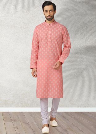 Pink Mens Printed Kurta Churidar Set