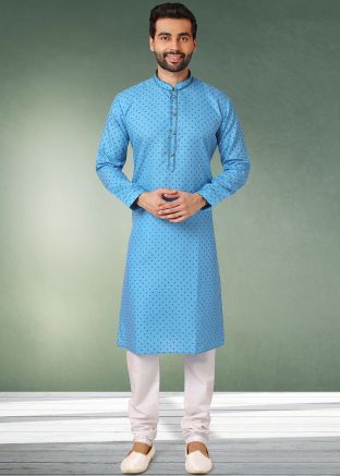 Mens Blue Printed Kurta Pajama Set