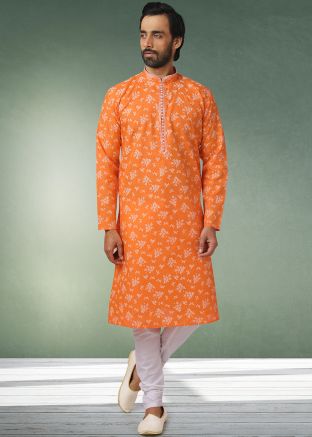 Orange Mens Floral Printed Kurta Pajama