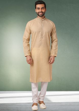Mens Beige Floral Print Kurta Pajama