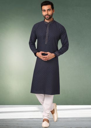 Navy Blue Printed Mens Kurta Pajama
