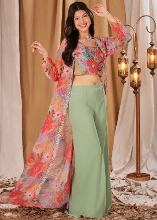 Readymade Sage Green Printed Top Bottom & Shrug