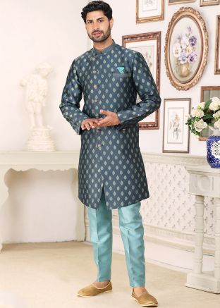 Grey Woven Indo Western Sherwani & Pajama