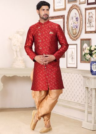 Red Mens Jacquard Indo Western Sherwani & Dhoti In Woven Work
