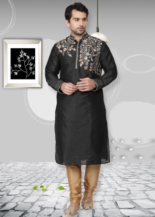 Black Embroidered Dupion Silk Kurta Pajama
