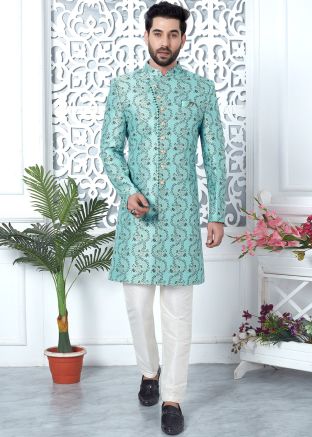 Blue Woven Indo Western Sherwani In Jacquard