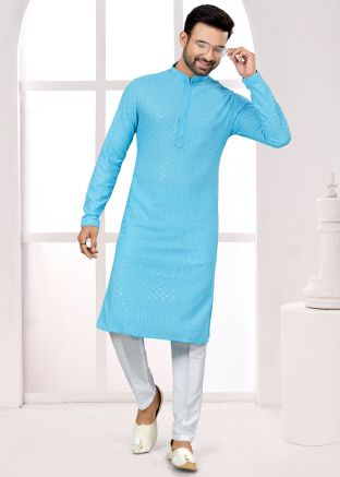 Blue Embroidered Kurta Pajama In Rayon
