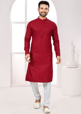 Red Embroidered Kurta Pajama In Rayon