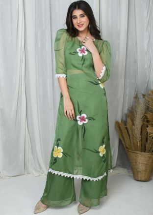 Green Hand Painted Art Silk Co-Ord Set