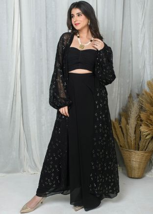Black Embellished Jacket Style Draped Skirt Set