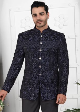 Navy Blue Embroidered Bandhgala Jodhpuri Jacket