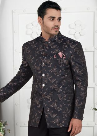 Mens Black Woven Bandhgala Jodhpuri Jacket