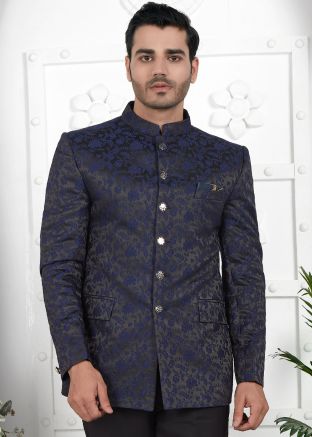 Navy Blue Mens Woven Bandhgala Jodhpuri Jacket