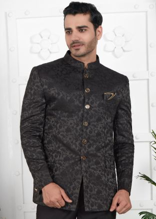 Black Mens Woven Bandhgala Jodhpuri Jacket