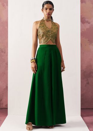 Green Top & Bottom In Zari Woven Work