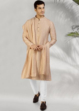 Beige Embroidered Kurta Pajama In Chanderi