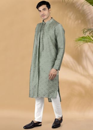 Grey Embroidered Kurta Pajama In Chanderi