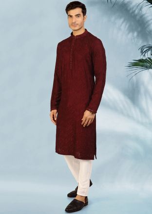 Maroon Embroidered Kurta Pajama In Chanderi