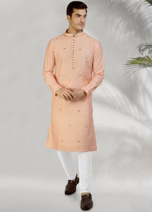 Peach Embroidered Kurta Pajama In Chanderi