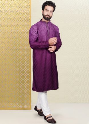 Purple Embroidered Kurta Pajama In Chanderi